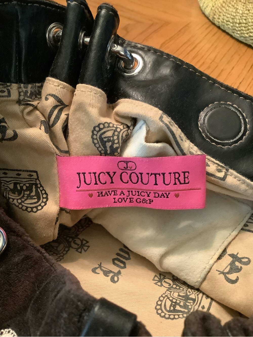 Royal Juicy Couture Black Leather and Thick Brown Velvet Bag with Silver Chain. - Picture 12 of 16